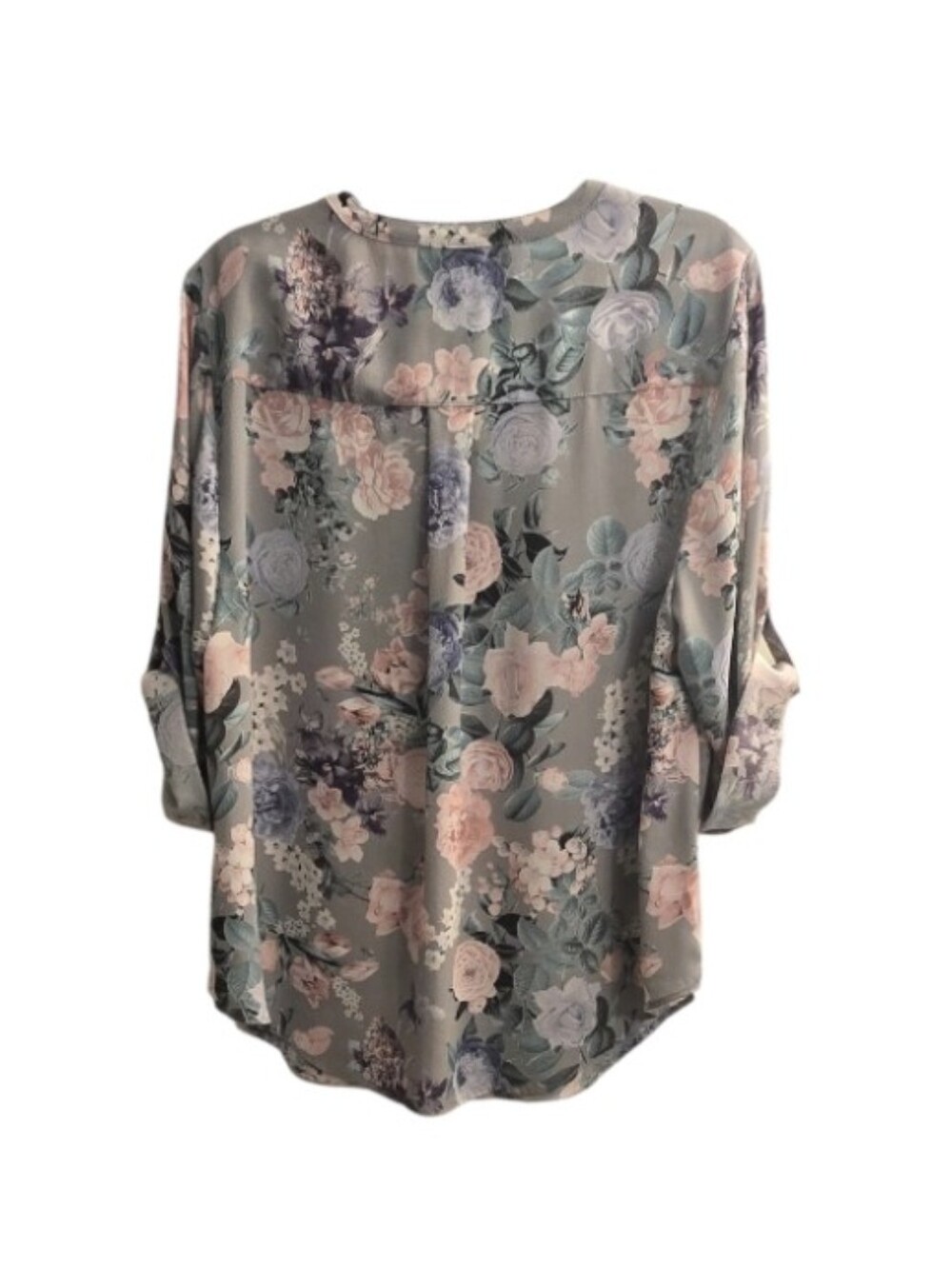 torrid Floral Blouse in Gray with Pink and Blue Flowers - Picture 2 of 8